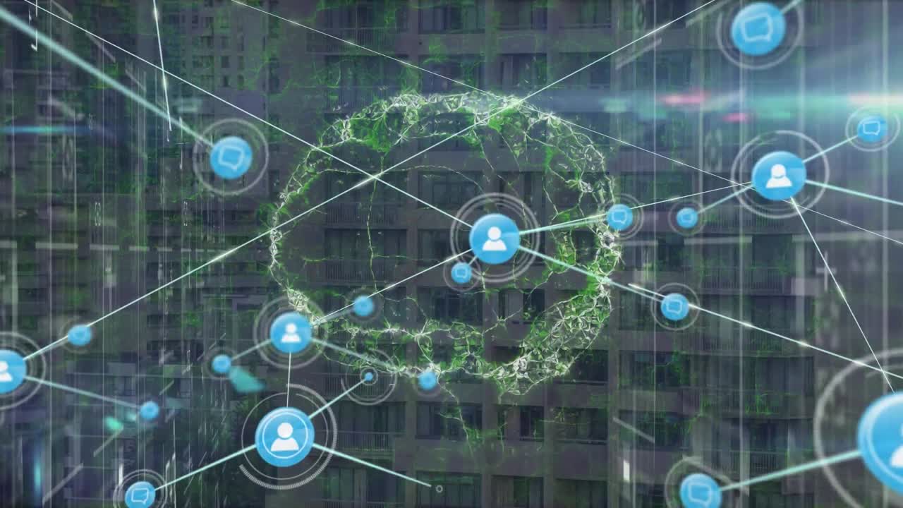 도시 풍경에 대한 아이콘과 두뇌와의 연결 네트워크의 애니메이션