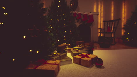 interior de navidad con árboles y regalos