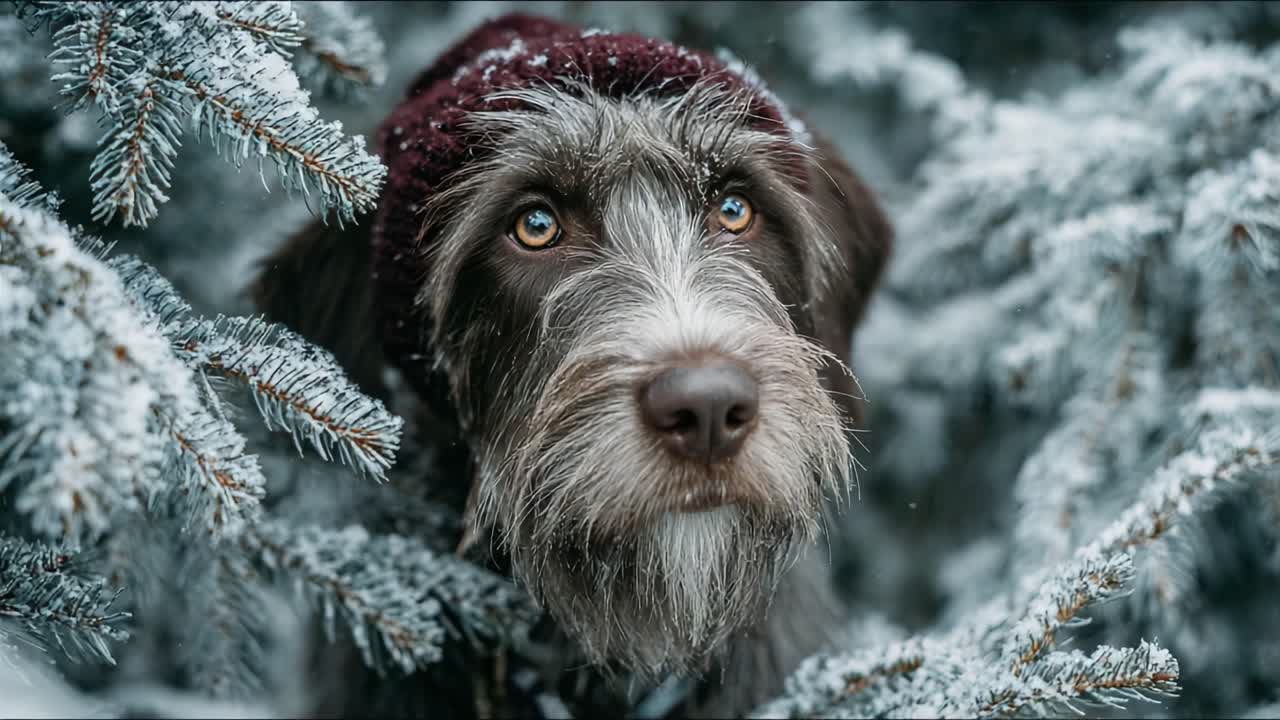 A Charming Dog in a Winter Wonderland, Captured Amidst Snowy Pine Trees, Showcasing Its Unique Expression and Cozy Hat, Perfectly Complementing the Frosty Atmosphere