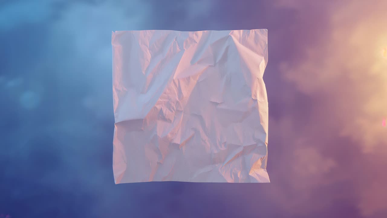 Appearing crumpled paper drifting, tilting and rotating in soft fog, cool and warm lights glinting