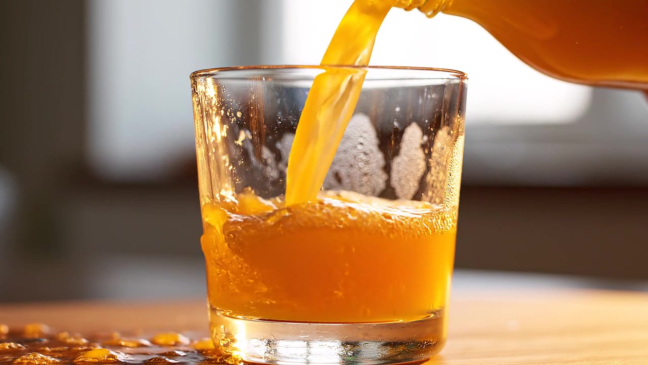 Succo d'arancia fresco che schizza mentre viene versato in un bicchiere