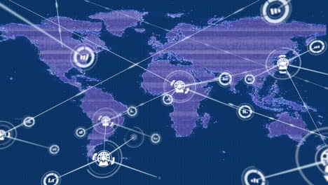 animation of network of connections with icons over world map with interference on blue background