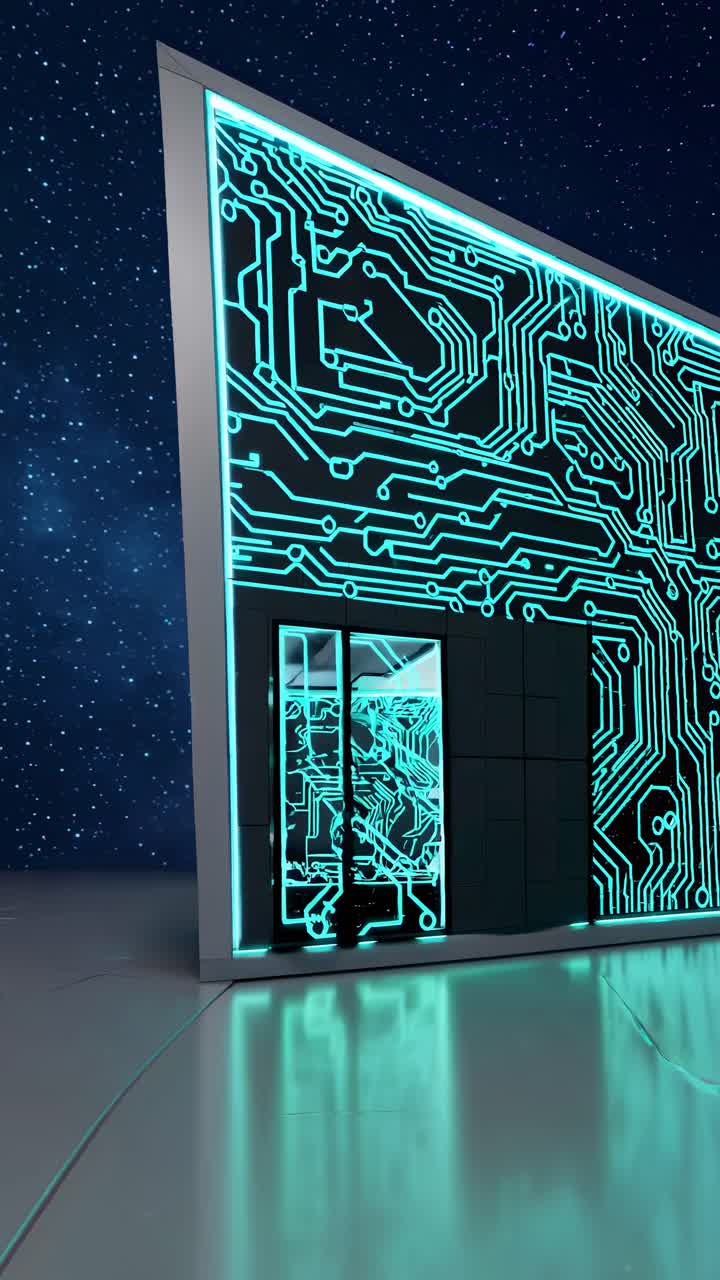 Futuristic building with circuit-like neon lights, captured from a low-angle at night