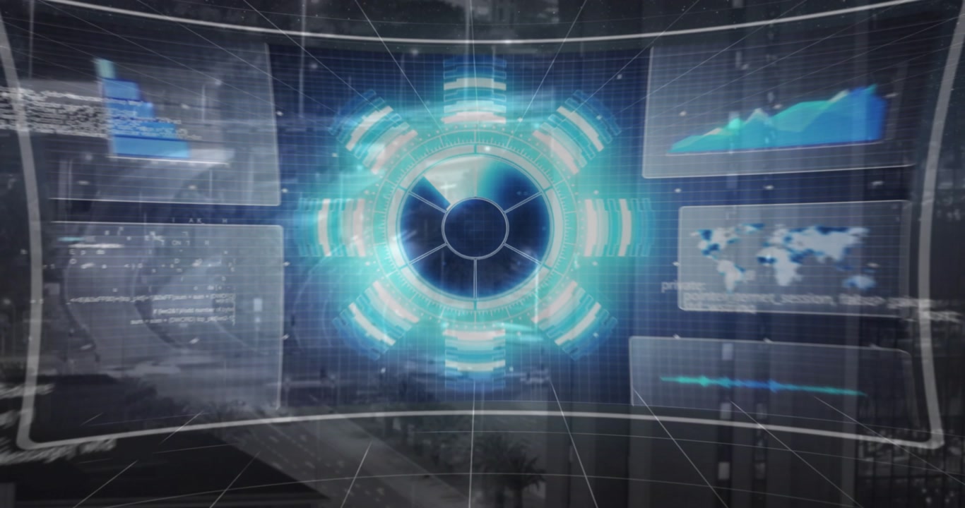 City grid overlay emerging causing HUD rotating panels sliding dashboard expanding for insights