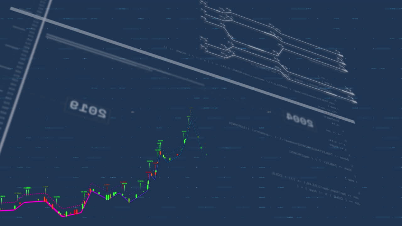 animación de la interfaz con el procesamiento de datos financieros contra un fondo azul.