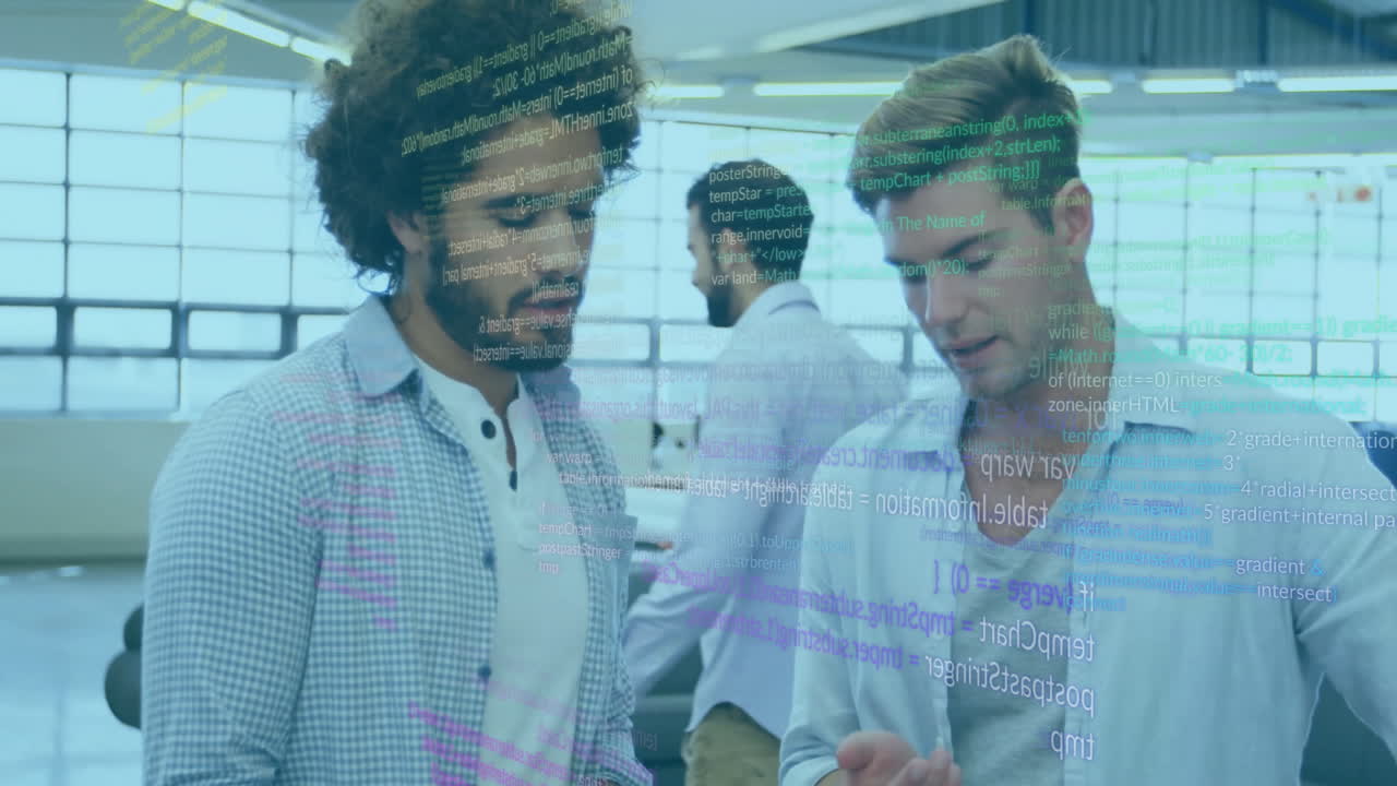 Animation of digital data processing over diverse business people in office