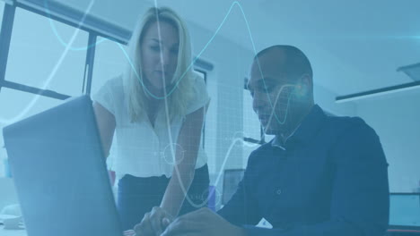 Business data analysis animation over colleagues discussing work in modern office