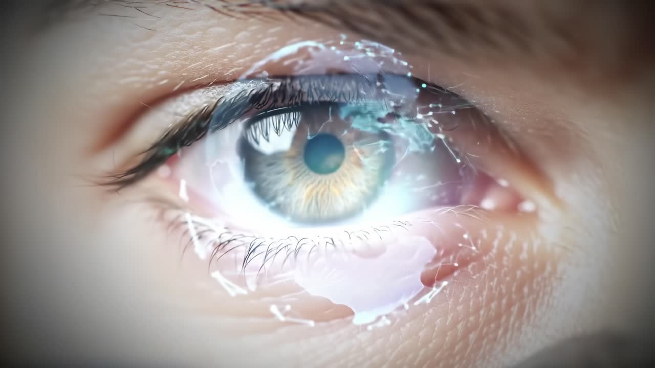 Exploring the Depths of Perception: A Close-Up Look at an Eye Enhanced with Digital Elements and Symbolic Imagery of Connectivity and Vision