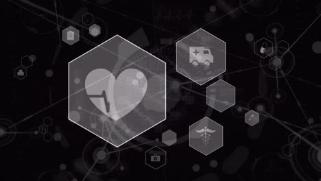 animation of network of medical icons and data processing