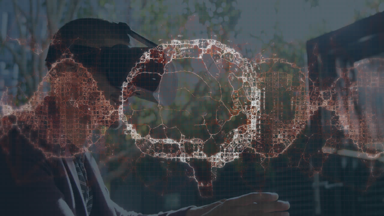 Animation of human brain spinning and data processing over man wearing vr headset