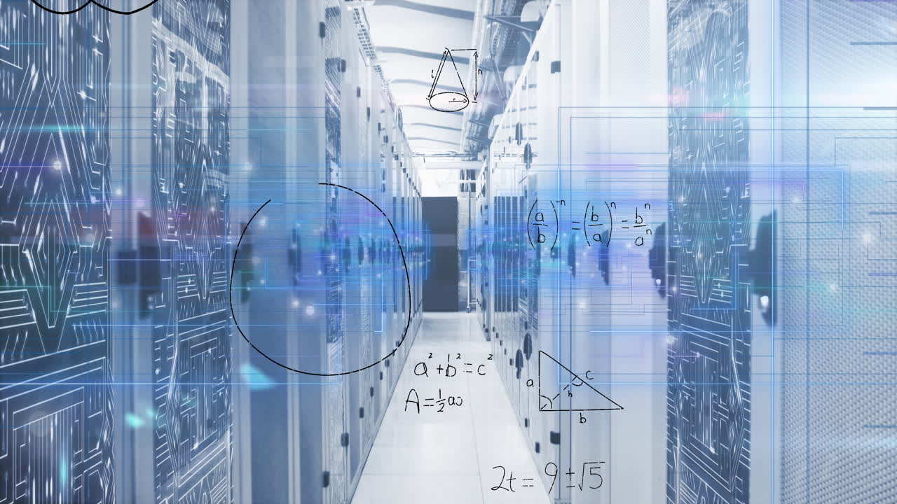 白い粒子と青い光の線と 数学的方程式のアニメーションを コンピュータサーバールームで