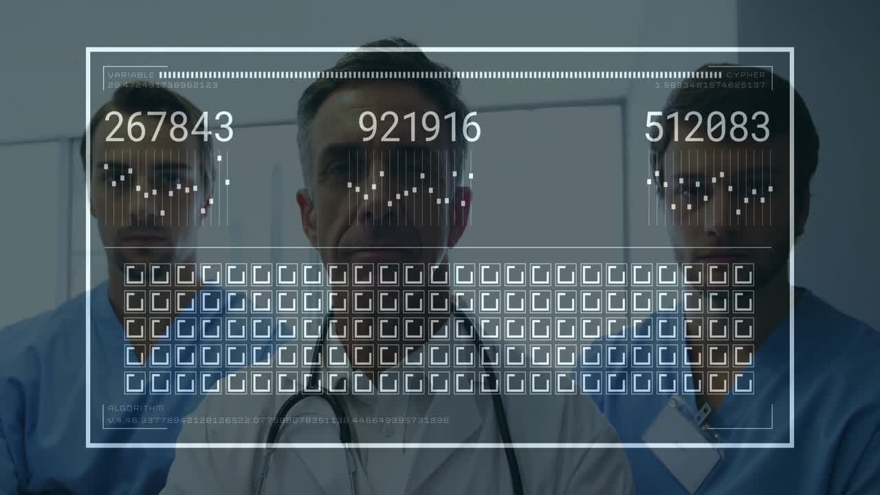 System initiating facial scan on medical team, updating waveforms and grid for data capture