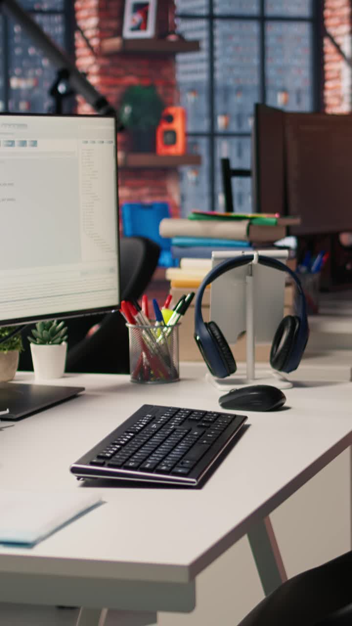 Vertical video Technology unicorn venture workspace with PC used to conduct code reviews