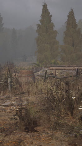 un camino de bosque brumoso con una valla de madera y un barril