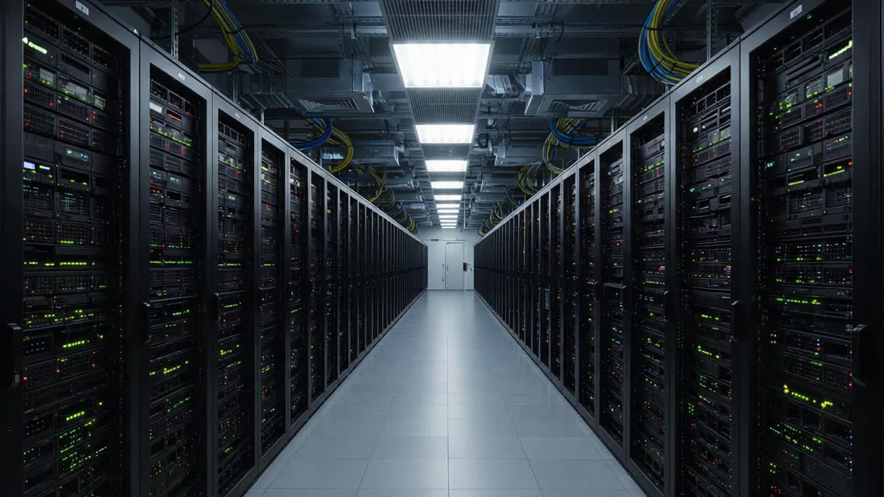 A Stunning Visual of a State-of-the-Art Data Center, Featuring Rows of High-Performance Servers, Advanced Cooling Systems, and Efficient Cable Management for Optimal Data Processing