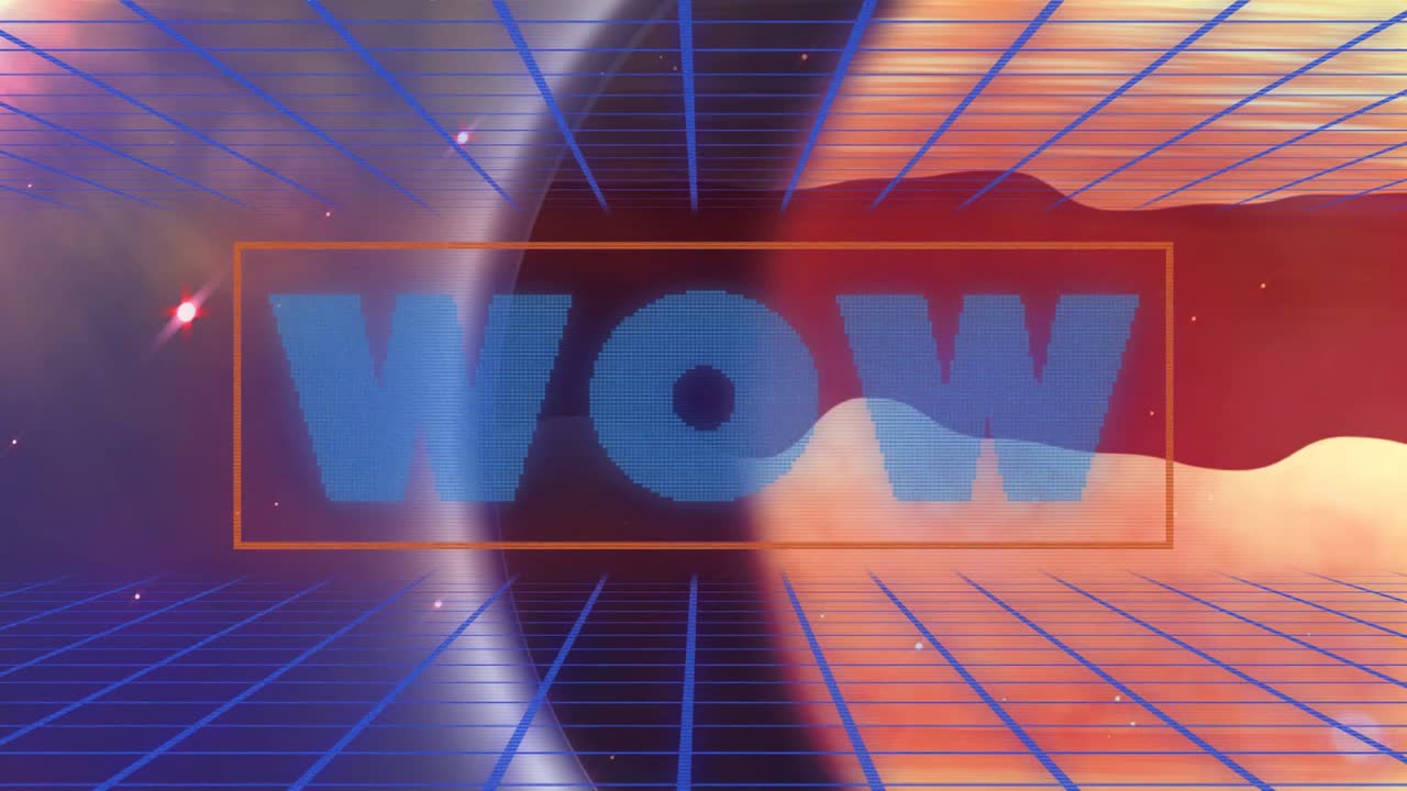 Al centro, un WOW blu in scala si rivela, una scatola arancione si blocca, punti fluttuano, una sfera rossa pulsa per enfatizzare.