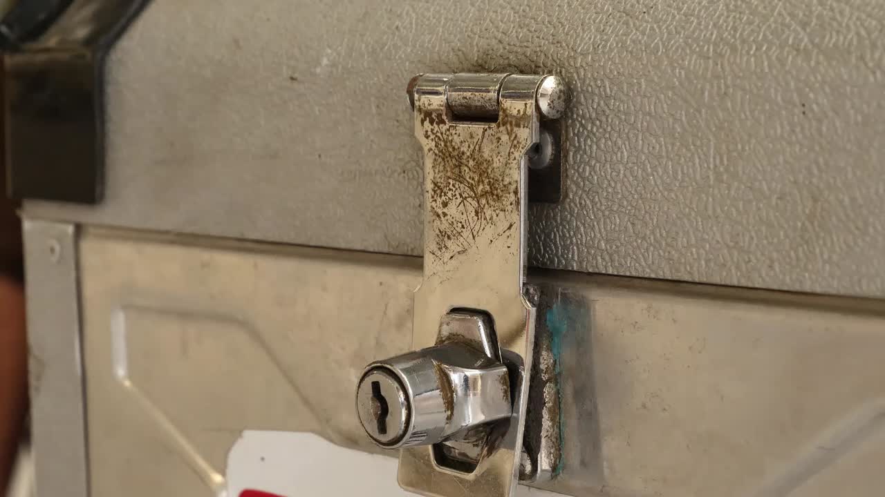 vista cercana del pestillo plateado y el bloqueo de la caja de herramientas