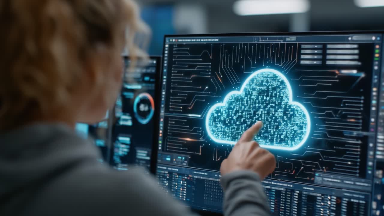 A Focused Individual Interacting with Cloud Technology Interface on Dual Monitors, Representing Innovative Data Management and Digital Connectivity in a Modern Workspace
