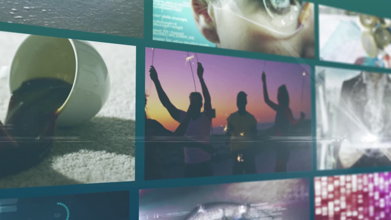 animación compuesta de nueve pantallas de negocios, ocio y tecnología