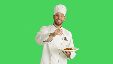 Mid Shot of a Handsome Chef Holding Plate With Dish Decorating Dish with a Spoon. Shot with Green Screen Background.