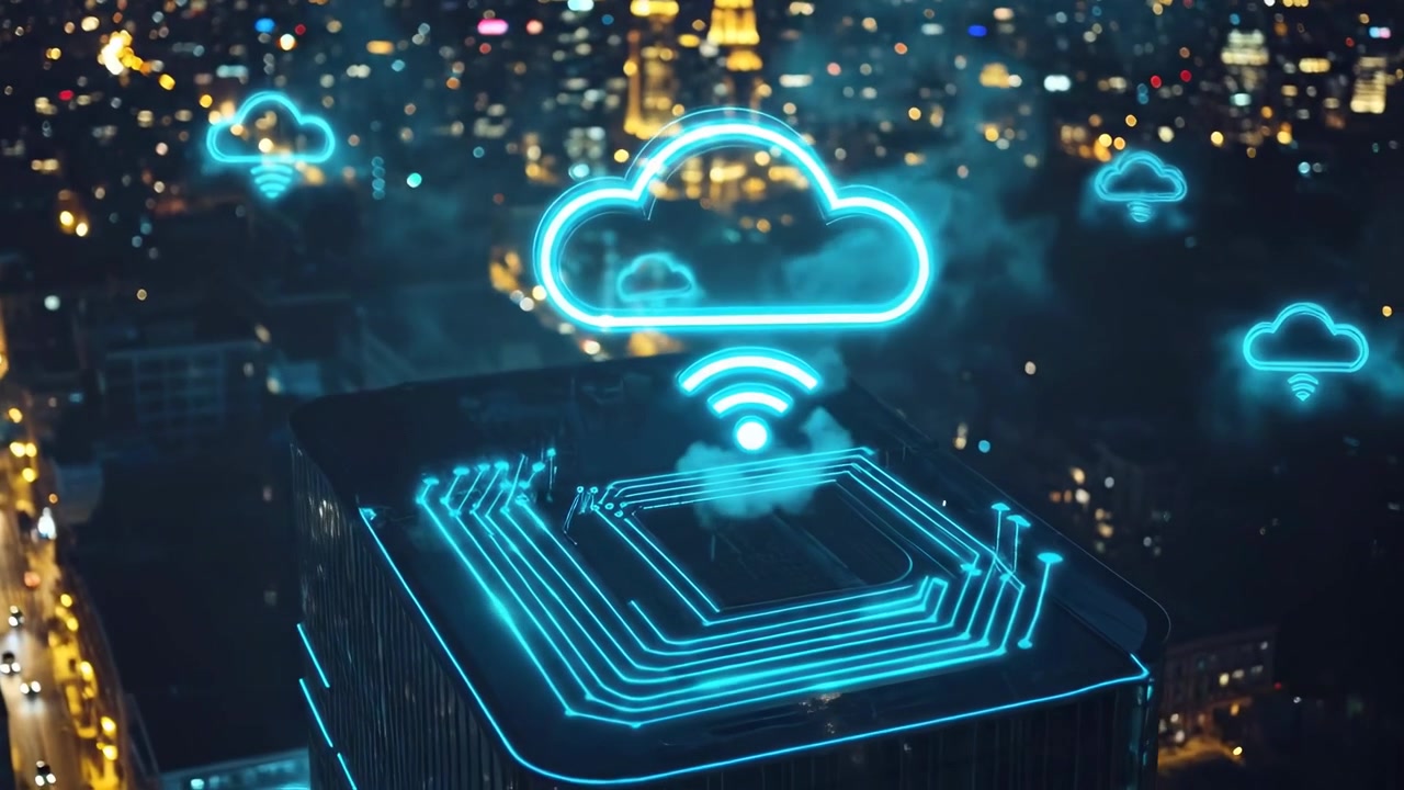 Futuristic Cloud Computing and Data Network Over a Night Cityscape