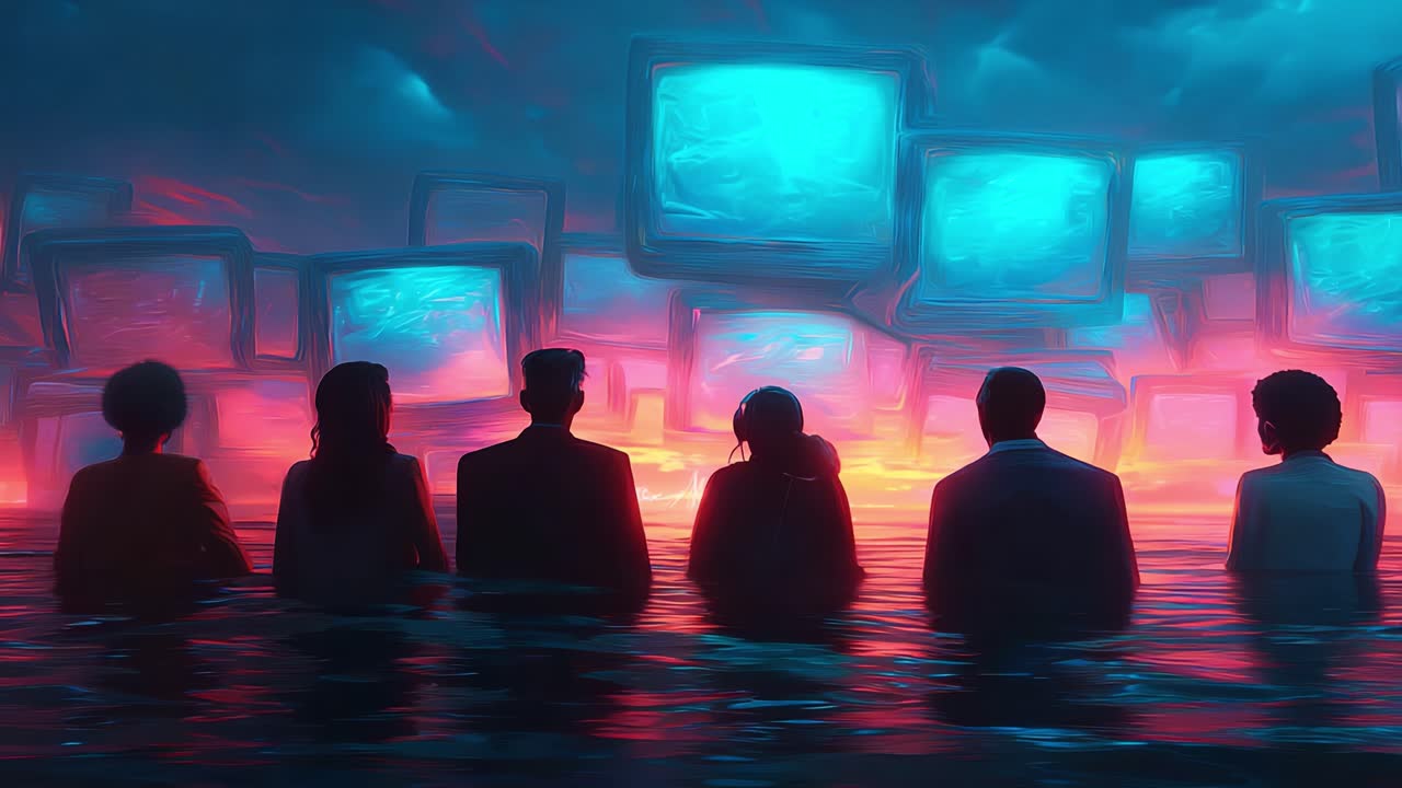 Reflecting on a Digital Future: A Group Contemplates the Impact of Technology as They Sit in Serene Water Surrounded by Floating Screens Bathed in Vivid Colors at Dusk