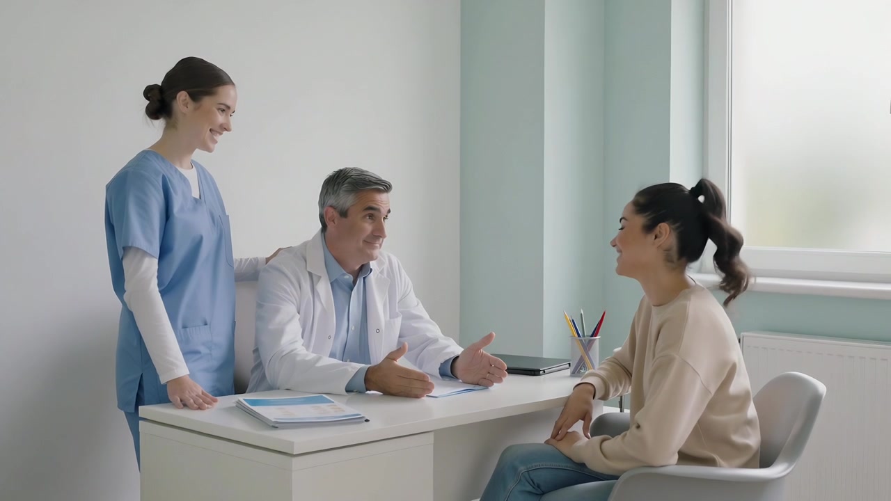 Doctor/a iniciando la visita explicando el cuidado, gesticulando al paciente que escucha durante el examen, enfermera con uniforme en el escritorio, espacio para texto.