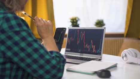 la mujer que monitorea el mercado de valores hace compras con una tarjeta de crédito.