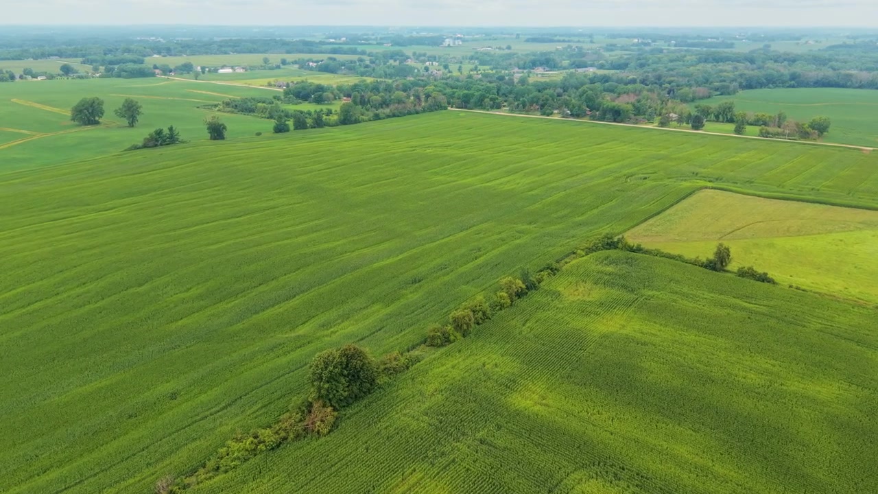 Aerial view of green fields around Plamann Park in Appleton, Wisconsin, USA - drone shot