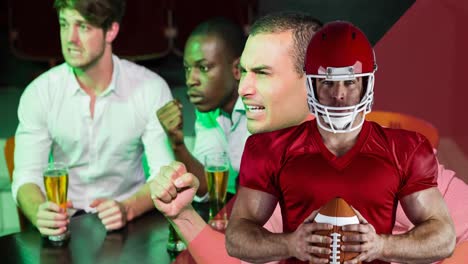 animation of male american football player over tense diverse male sport fans watching game at bar