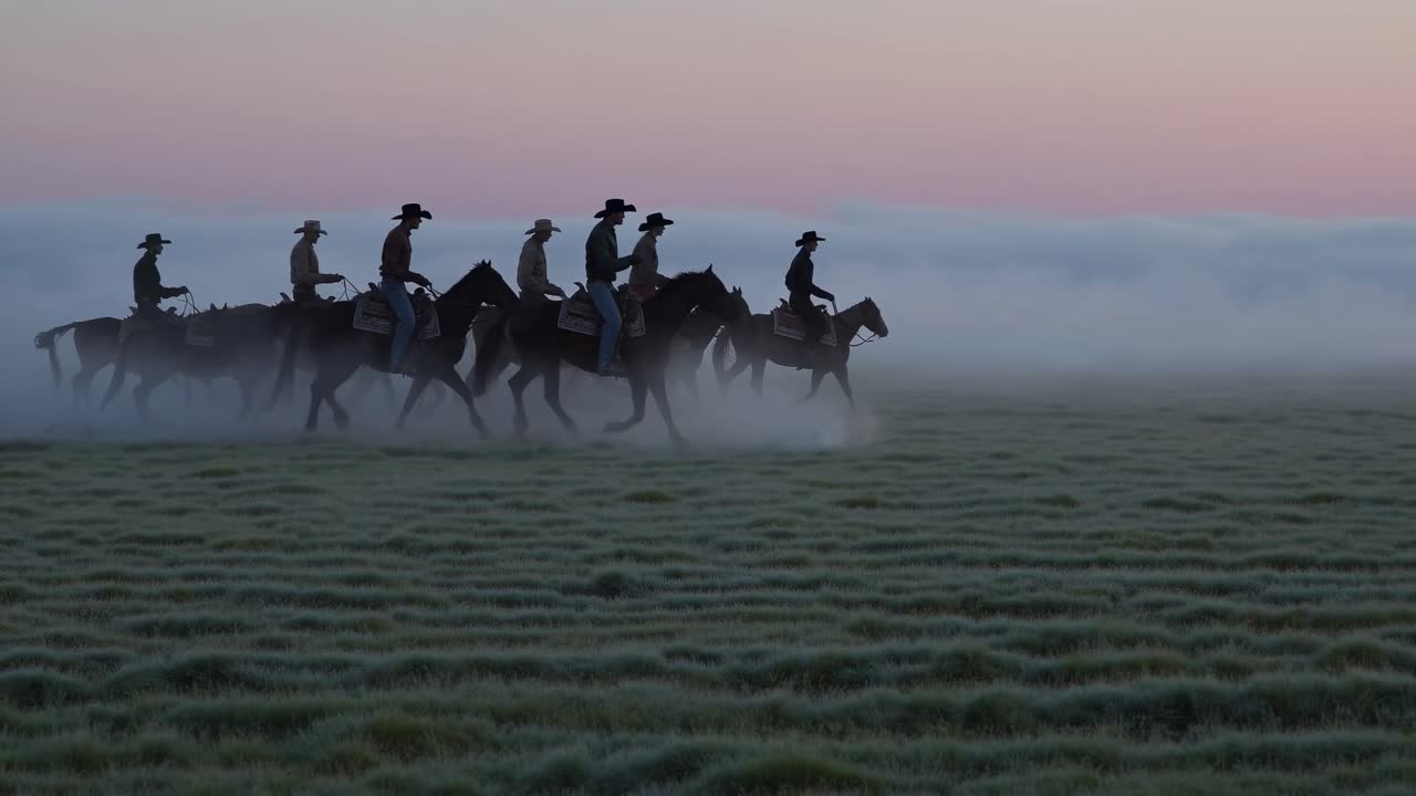 Cowboys on Horses in a Misty Field