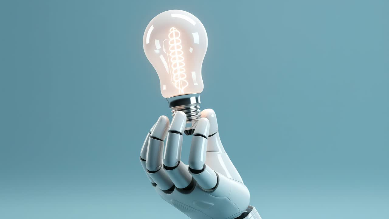 A robotic hand holding a glowing light bulb, symbolizing innovation