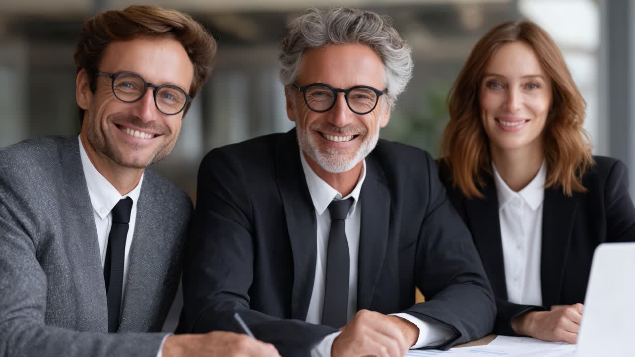 A collaborative business team captured in a meeting, displaying professionalism and camaraderie through their smiles and preparedness with documents and technology