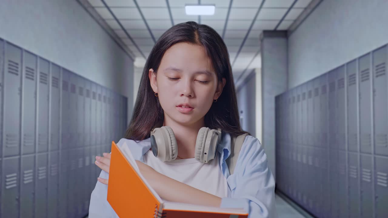 복도 에 서 있는 동안 책 을 읽는 배 을 들고 있는 피곤 한 아시아 청소년 여자 학생 의 근접 사진