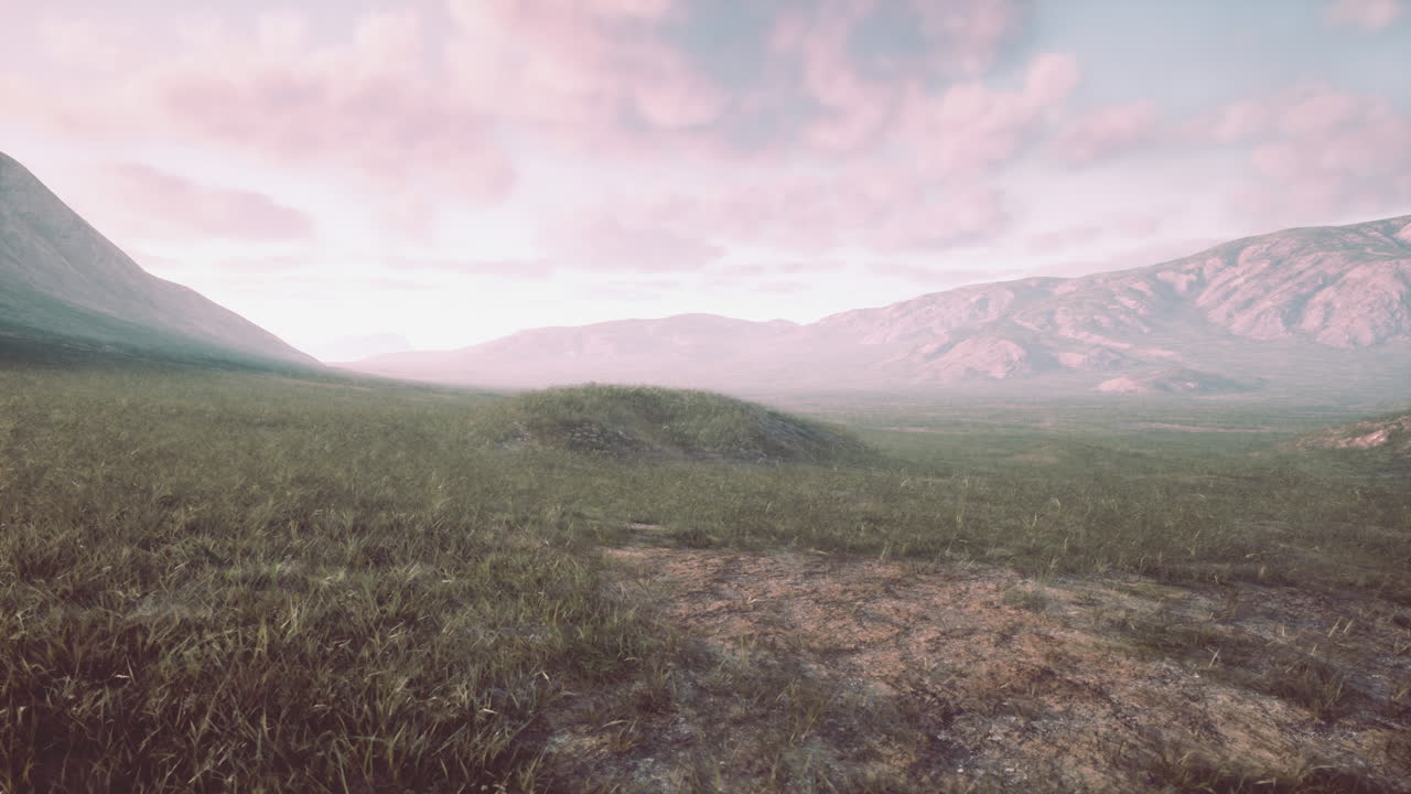 un campo lleno de hierba pacífico con montañas en el fondo