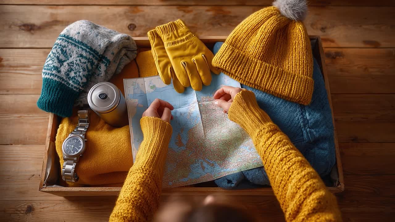 A Cozy Adventure Preparation: An Organized Box of Winter Accessories and a Map Ready for Exploration and Discovery in the Great Outdoors