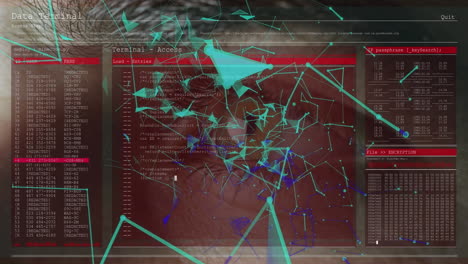 network of connections over screen with data processing against close up of human eye