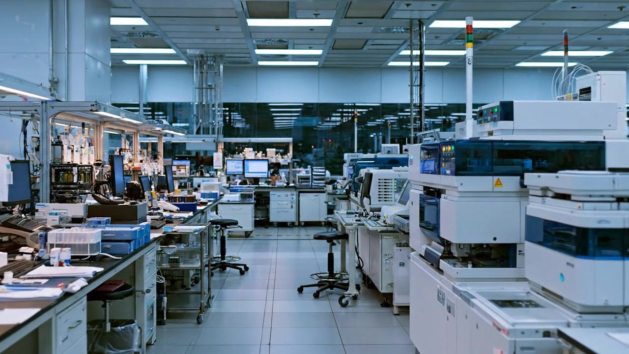Large modern research laboratory interior with clean scientific workstations