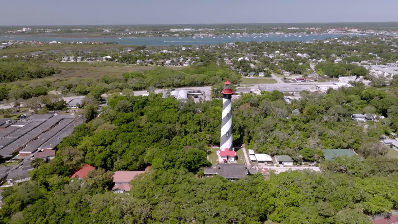 St. Augustine lighthouse in St. Augustine, Florida with drone video moving in a wide circle close up.