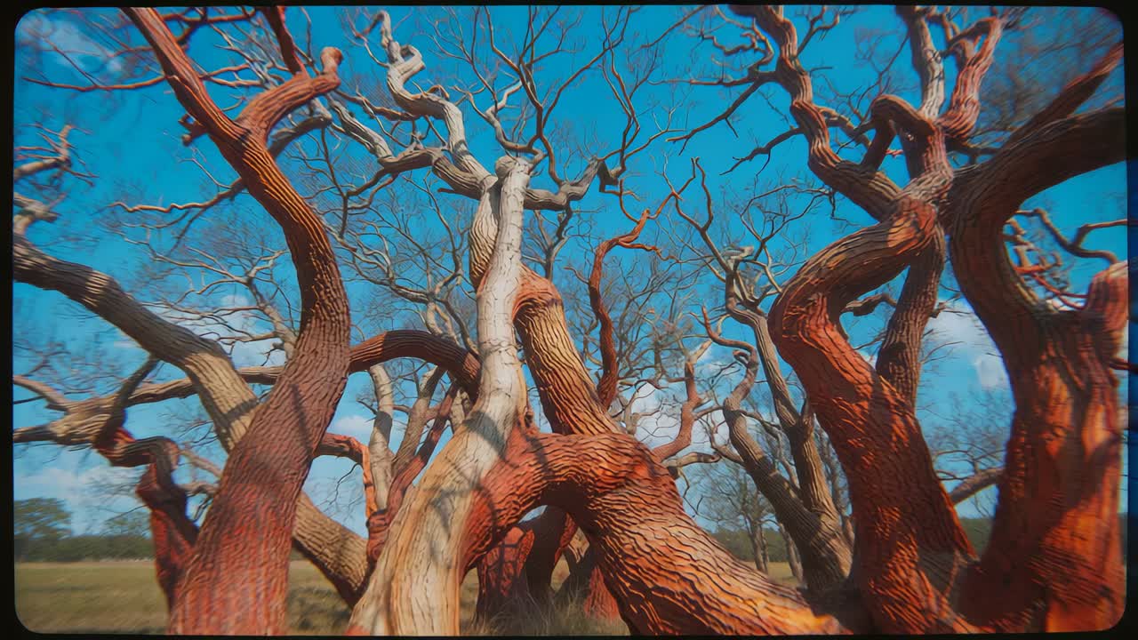 Camera tilting upward and pushing forward over dry plain to reveal twisted orange trunks and bark