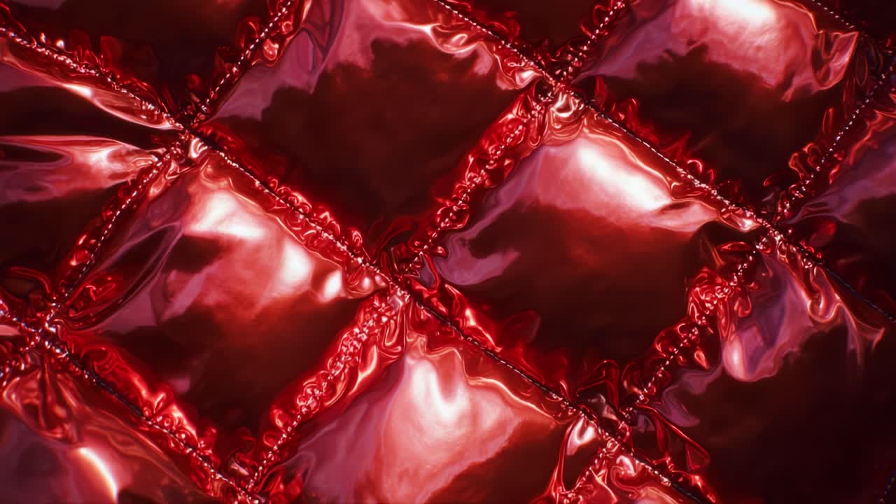 Close-up View of Red Quilted Material Showcasing Glossy, Reflective Surfaces and Intricate Texture in a Textile Design Suitable for Fashion or Home Decor Applications