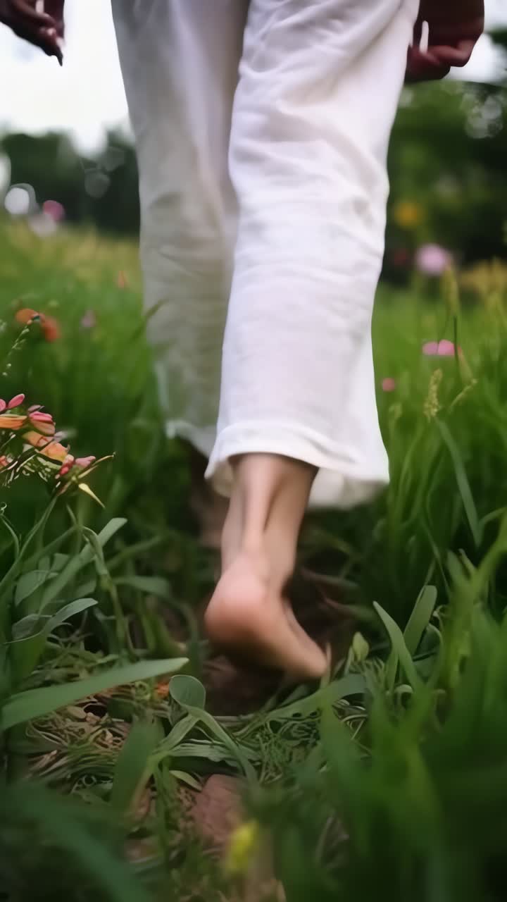 Feminine feet walking on fresh grass