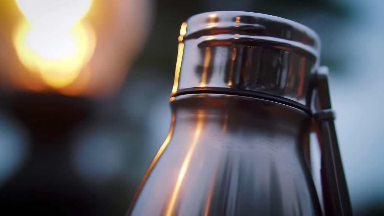 A Glowing Metal Water Bottle Captured in a Stunning Close-Up with Soft Backlighting, Highlighting Its Smooth Surface and Reflections in a Serene Environment.
