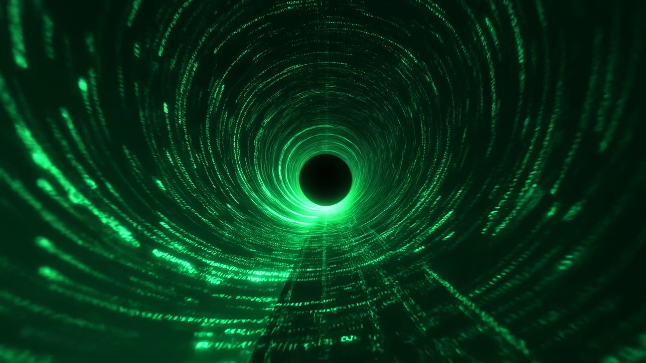 Green Digital Vortex Tunnel Glowing With Streaming Data And Rotating Light Rings, Futuristic Cyber Atmosphere
