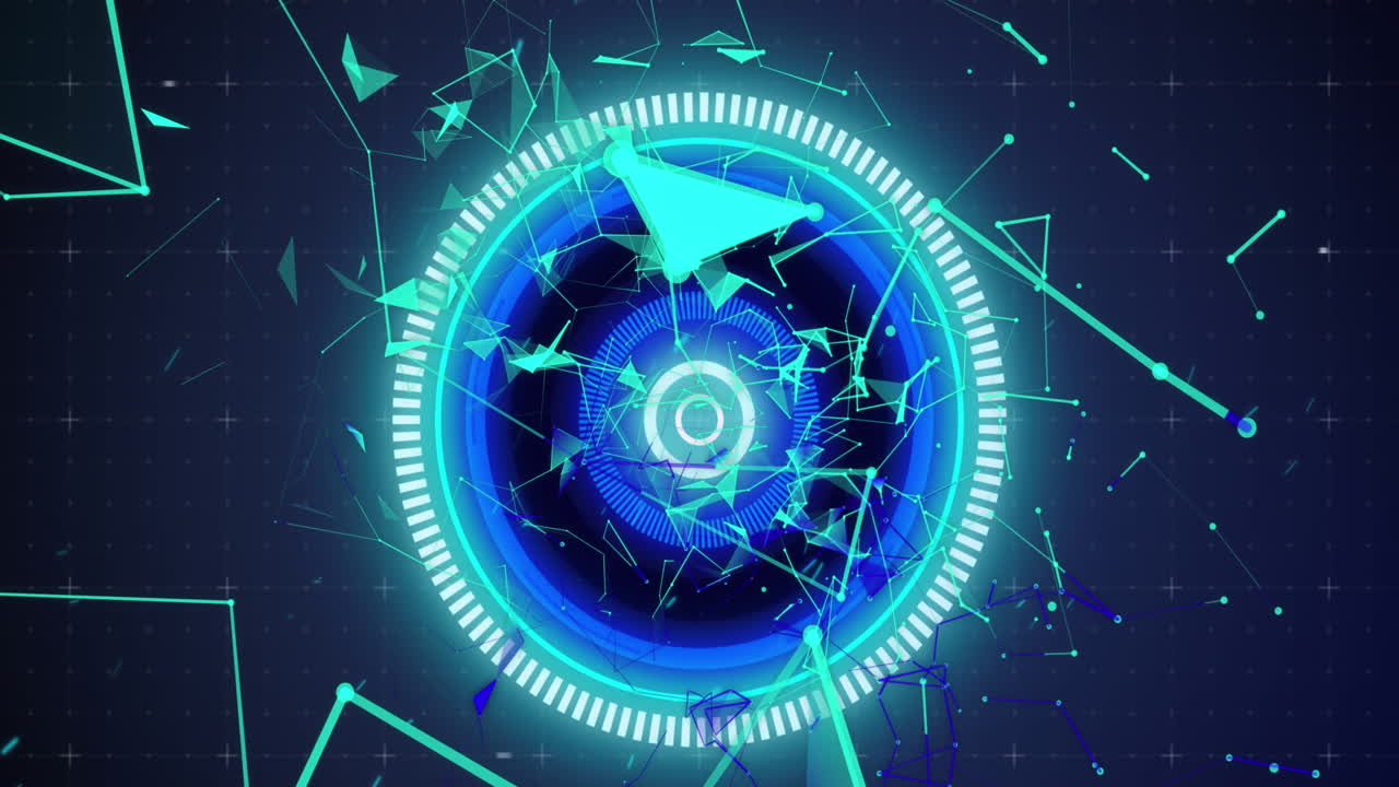animación digital de la red de conexiones contra un escáner redondo de neón brillante sobre un fondo azul
