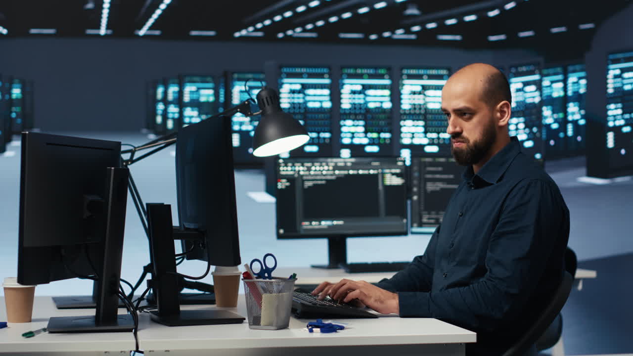 Man programming in high tech facility with server rows