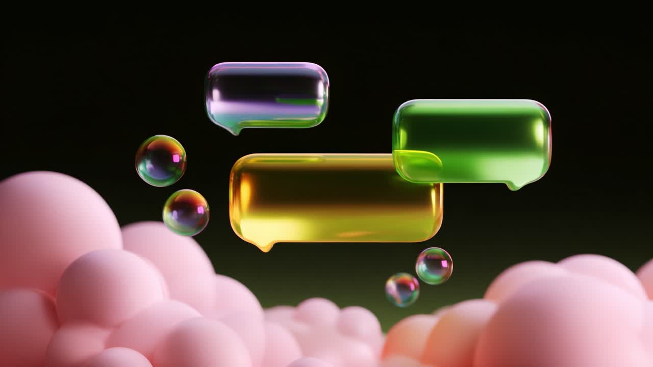 Colorful Speech Bubbles and Bubbles among Soft Pink Clouds, Representing Communication and Interaction in a Quirky Digital World of Messaging and Connection