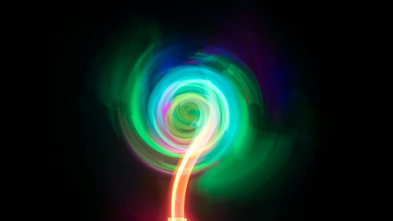 Entering luminous ribbon threading into rotating vortex on black backdrop, stabilizing center