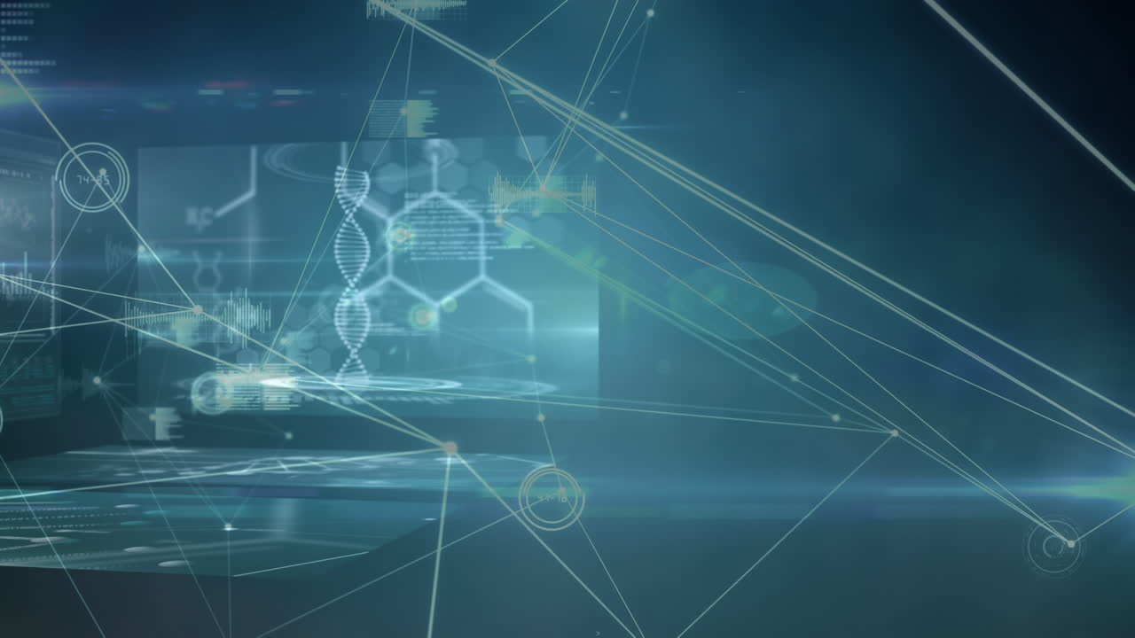 animación de la cadena de adn girando sobre una red de conexiones, procesamiento de datos científicos
