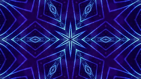 las partículas de brillo forman estructuras simétricas complejas como estrellas o flores. efecto caleidoscópico. 4k looped sci-fi 3d bg con partículas forman líneas, superficies. tema abstracto de microworld o nanotecnología